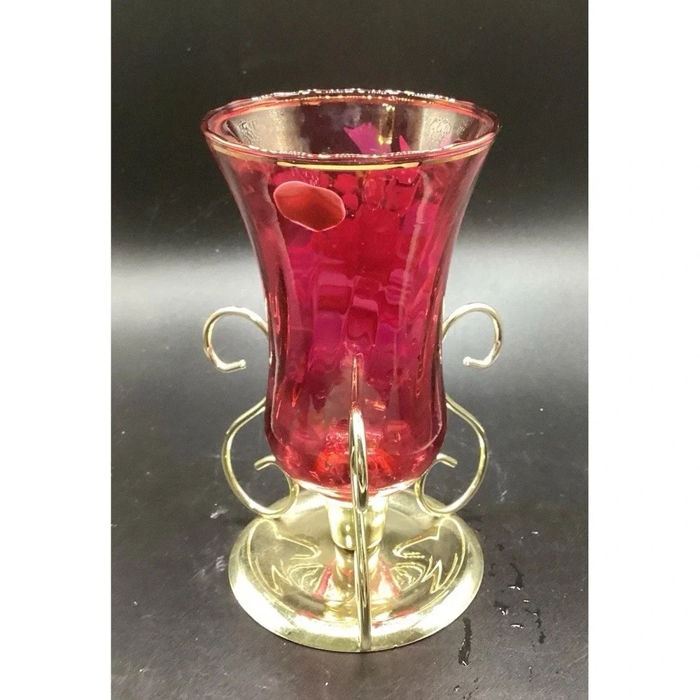 VTG Red Glass Vase Candle Holder W/ Gold Base 6.25